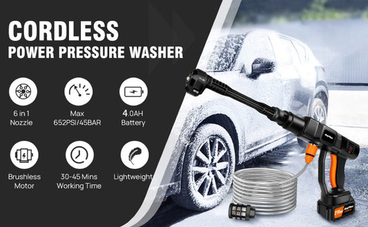 Jet Wave™ Cordless Pressure Washer – 6-in-1 Nozzle | 4.0Ah Battery | Portable & Powerful 💦🔋